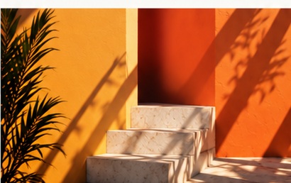 Sunlit terracotta architecture and pale stone steps